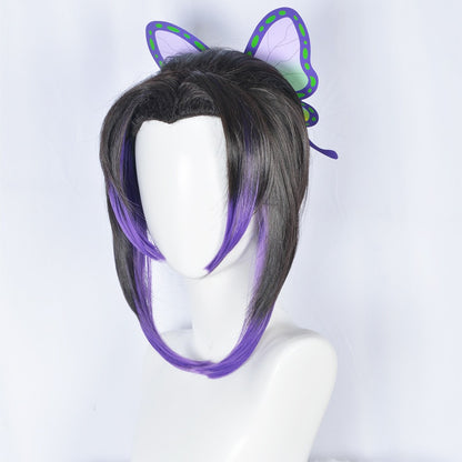Peruca de Cosplay Kochou Shinobu 35cm Preta Roxa Gradiente Linda Rabo de Cavalo Peruca de Cabelo Sintética Resistente ao Calor Halloween