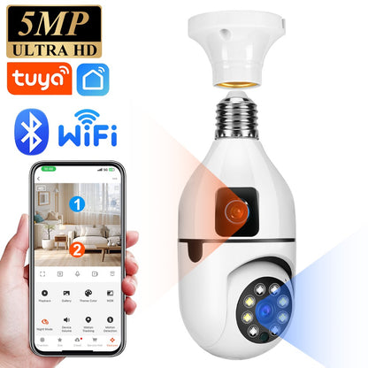 5MP CCTV PTZ WiFi Dual Lens Screen E27 Bulb Camera Tuya Smart Life Security Video Surveillance Camera Ai Human Auto Tracking