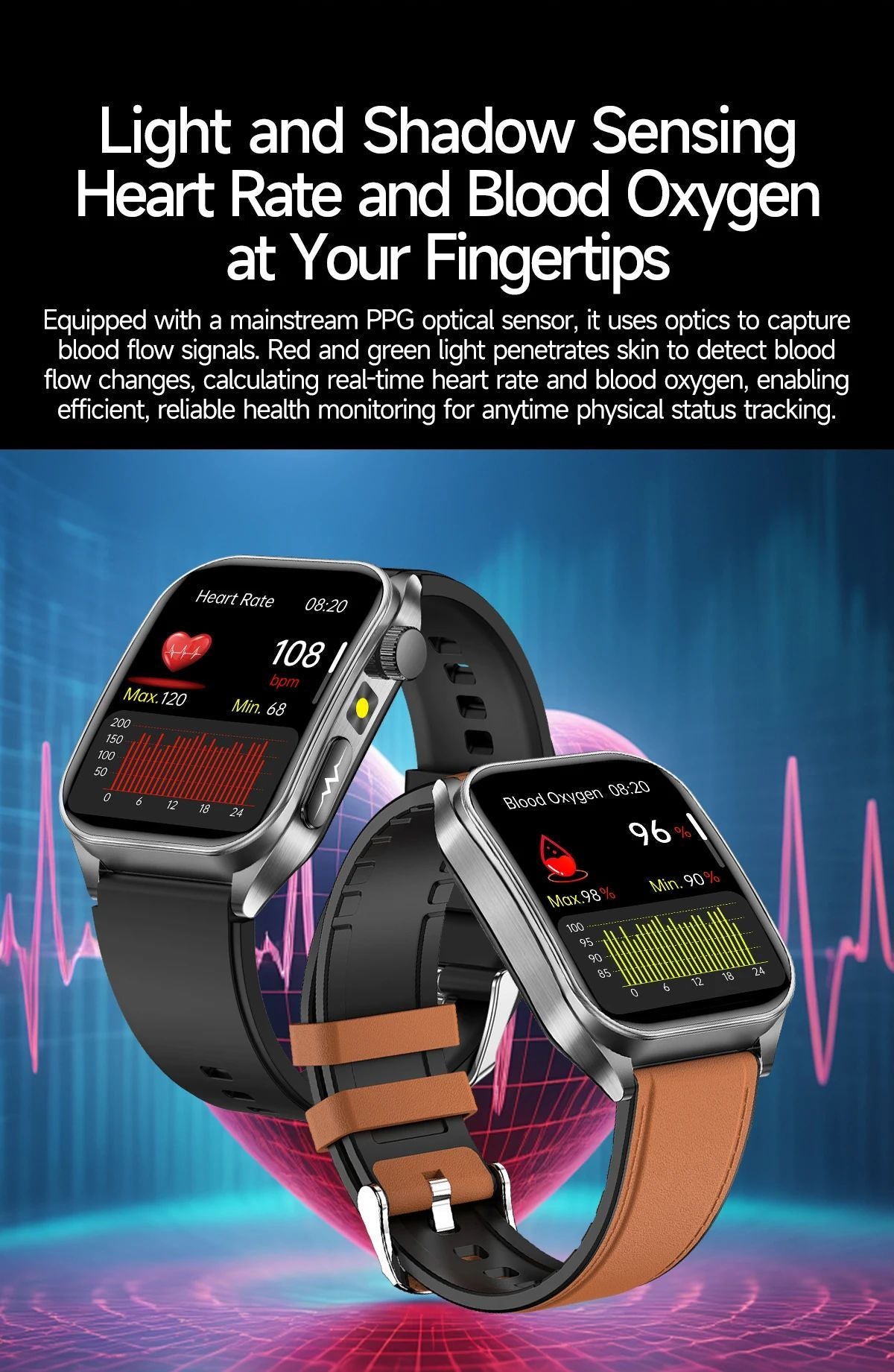 2025Novo 650nm Laser Condicionamento Safira Vidro Smart Watch Homens ECG Frequência Cardíaca Micro Exame Físico Saúde Smartwatch Temperatura