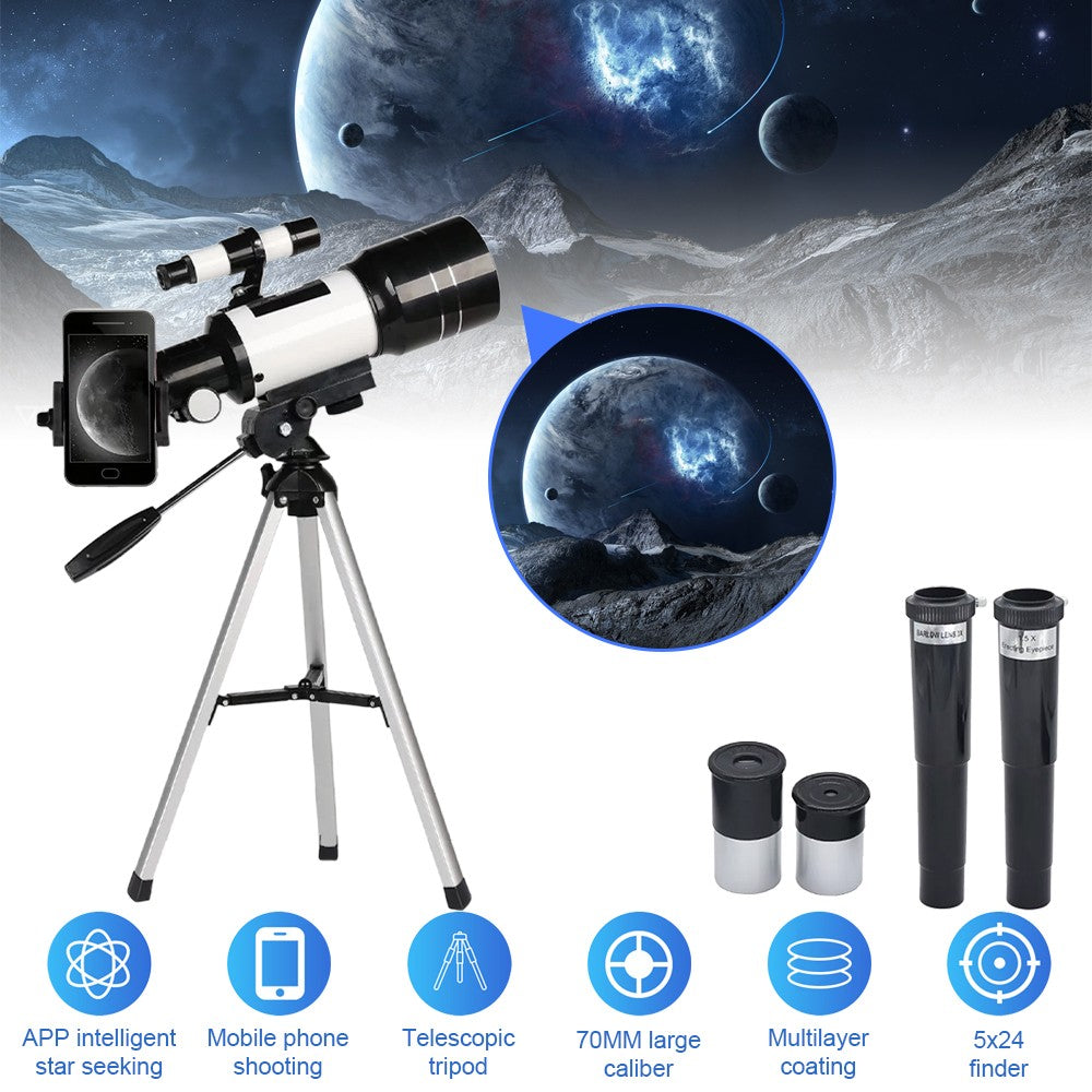 Telescópio Astronômico 150X, Telescópio Refrator Portátil de Viagem com Abertura de 70mm com Adaptador de Telefone e Controle Remoto Sem Fio