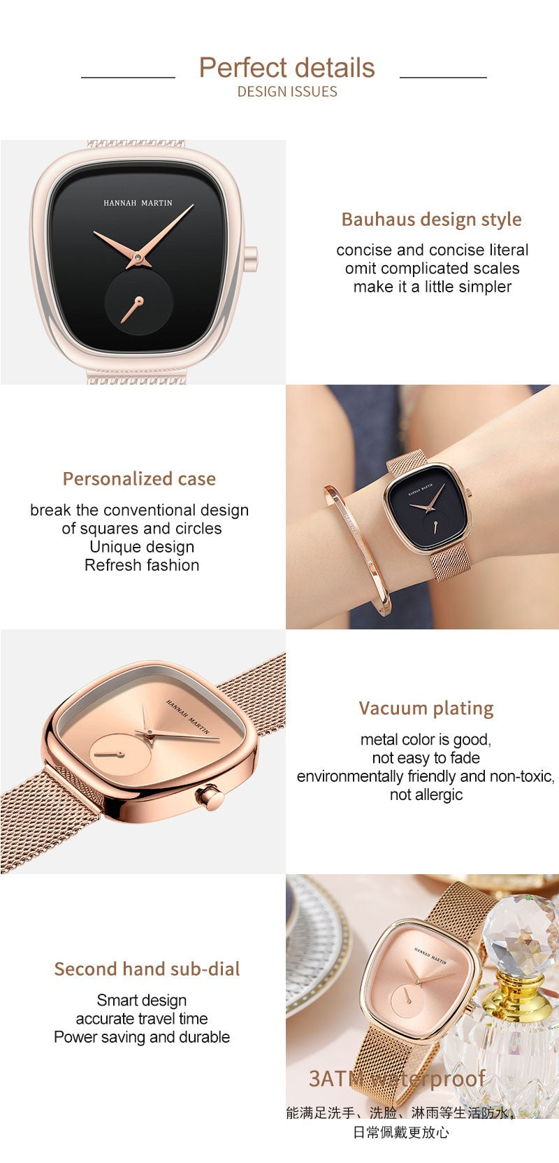 HANNAH MARTIN Brand Original Luxury Women Watch Rose Gold Fashion Stainless Steel Quartz Movement Waterproof Women Dress Watches