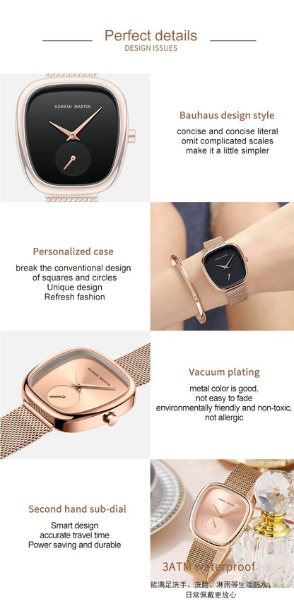 HANNAH MARTIN Brand Original Luxury Women Watch Rose Gold Fashion Stainless Steel Quartz Movement Waterproof Women Dress Watches