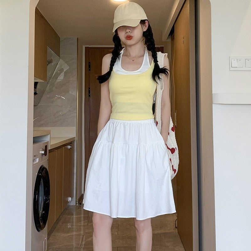 Tibetan Blue Short Skirt Women Summer Thin New Small A-Line Half-length Sports Skirt High Waist Polyester Fiber A-Line Skirt