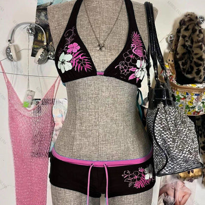 2025 New Chic Split Bathing Suit Y2k Vintage Flower Pattern Bikini Set Swimsuit Women Halter Triangle Lace Up Shorts Sexy Bikini