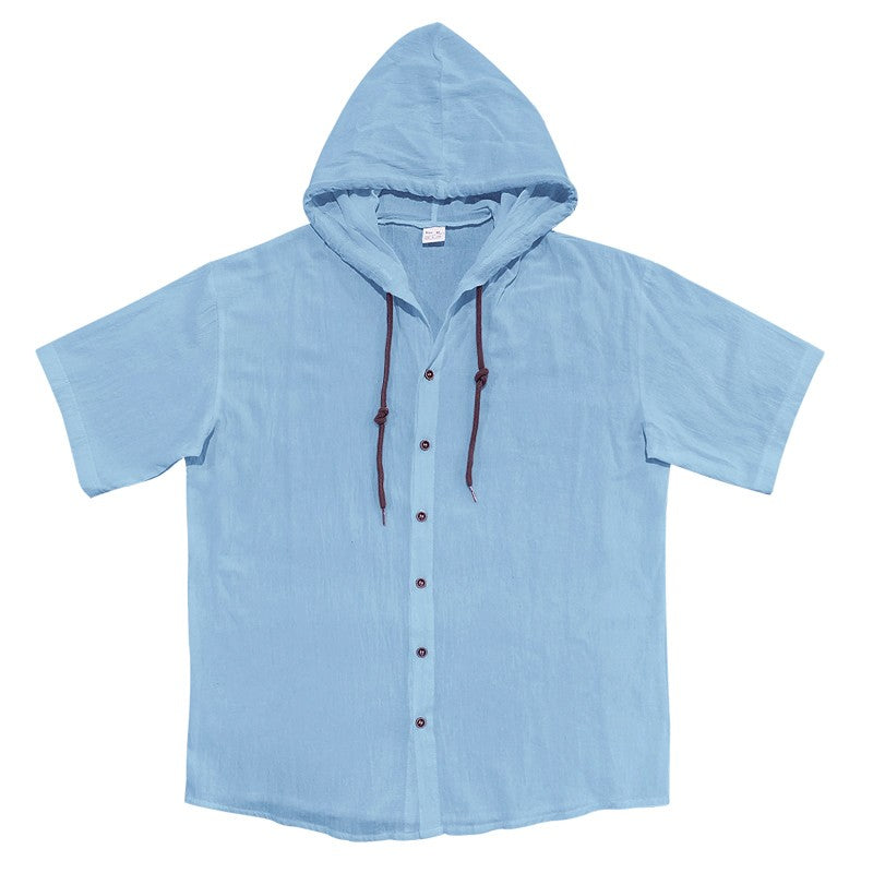 Summer cotton linen men's short sleeved shirt in US size solid color hooded casual T-shirt plus size men's clothing