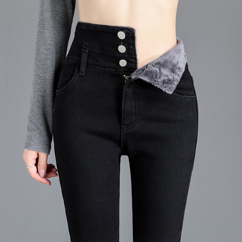 Autumn Winter Skinny Jeans Fashion Women Thermal Fleece High Waist Stretch Warm Pencil Pants Casual Velvet Button Denim Pant