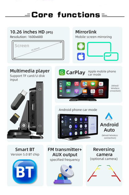 BQCC 10.26" IPS Polegadas Sem fio e com fio Carplay Android Auto Carro MP5 Player Saída de áudio Mirrorlink Rádio BT Automotivo Para Universal