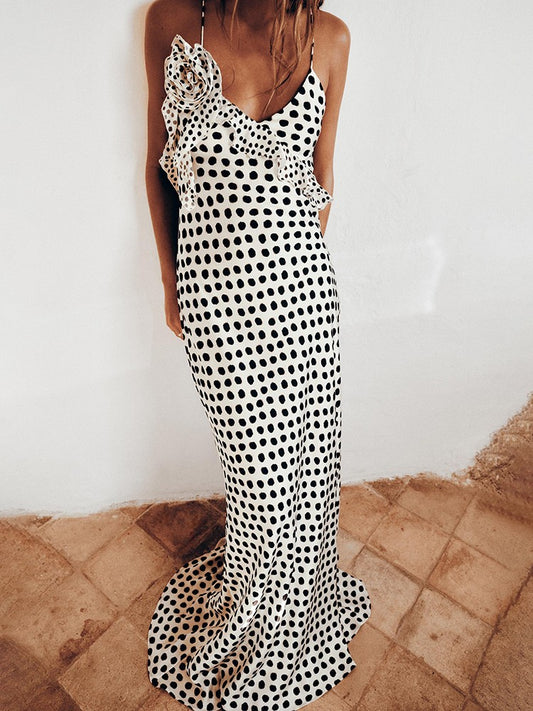 JULISSA MO Sexy Backless  Print Dots Flower Women Maxi Dress Spaghetti Strap Eve