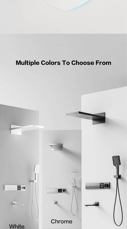 Sistema de chuveiro de parede com temperatura constante em latão cinza chumbo, montado na parede, com display digital LED, torneira de banheiro com água quente e fria