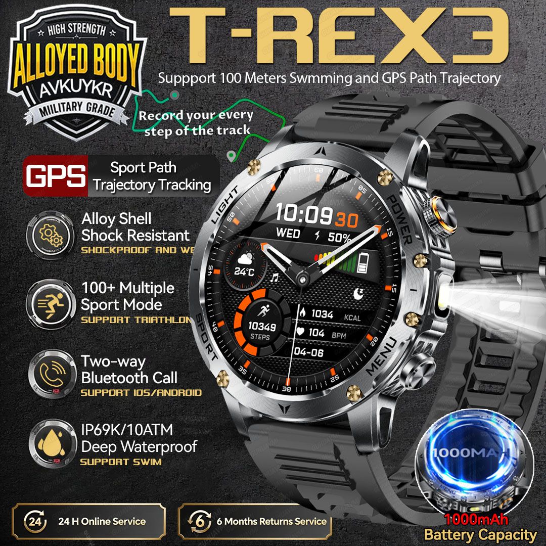 2025 T-REX3 1000mAh Grande Bateria Durável Relógio Inteligente Adulto GPS Lanterna Forte 10ATM À Prova D'água Chamada BT Smartwatch Esportivo Masculino