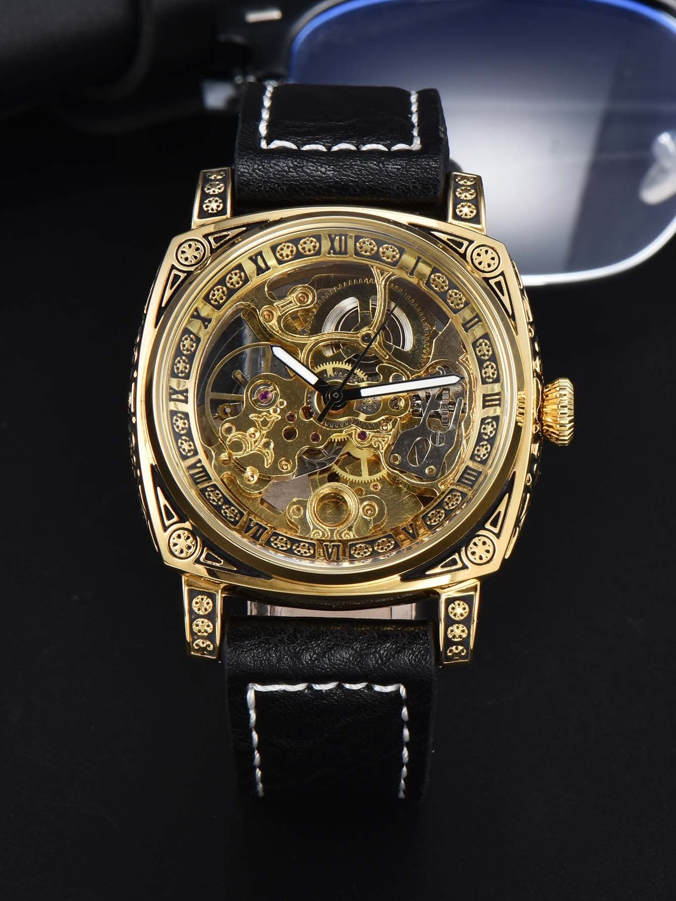 LONGLUX automatic watch retro style wholesale mechanical wristwatches skeleton carve waterproof leather no logo mens watch
