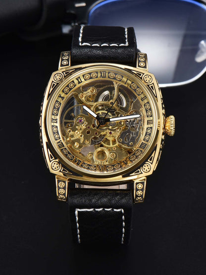 LONGLUX automatic watch retro style wholesale mechanical wristwatches skeleton carve waterproof leather no logo mens watch