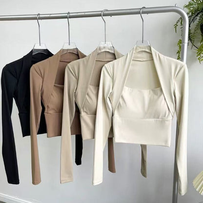 Women's Elegant Long Sleeve Yoga Shawl Sports Top with Chest Cushion Short Elegant Yoga Top Small Camback Pura Speed Dry Autumn