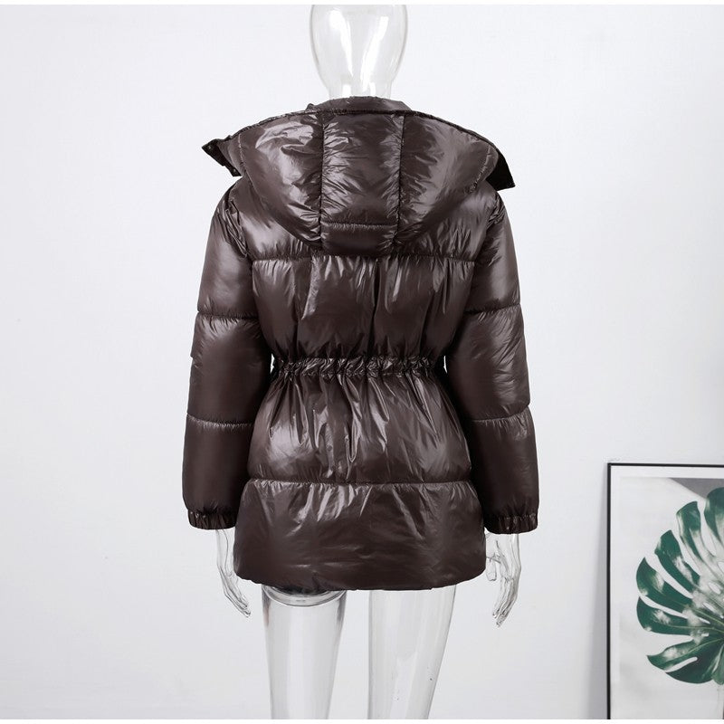 Chic Hooded Cotton Padded Jackets For Women Y2K Single Breasted Zipper Drawstring Coats 2026 Winter Pocket Long Sleeve Outerwear