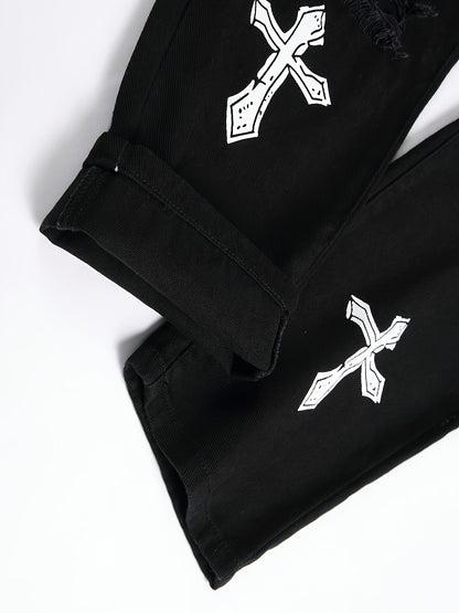 High street black youth cross print elastic hole patch tight jeans for men