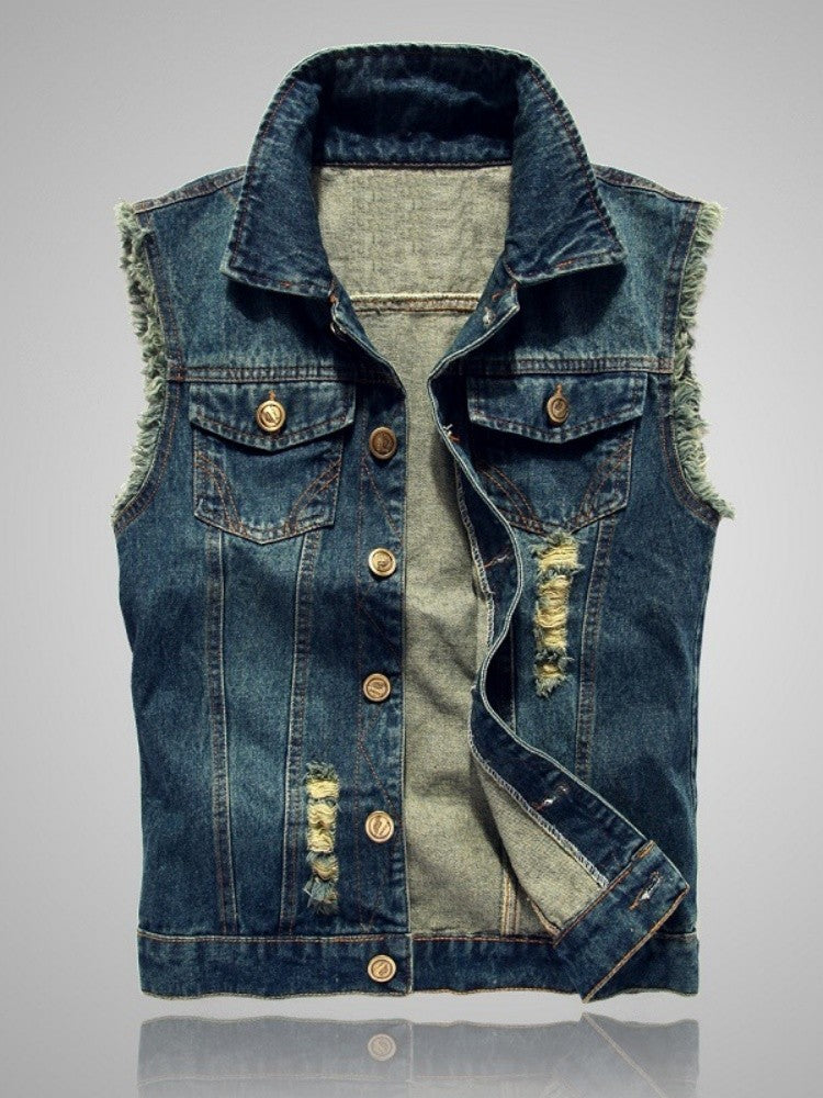 Cowboy vest men's spring and autumn new slim fit denim vest jacket men's casual sleeveless vest denim top with two chest pockets