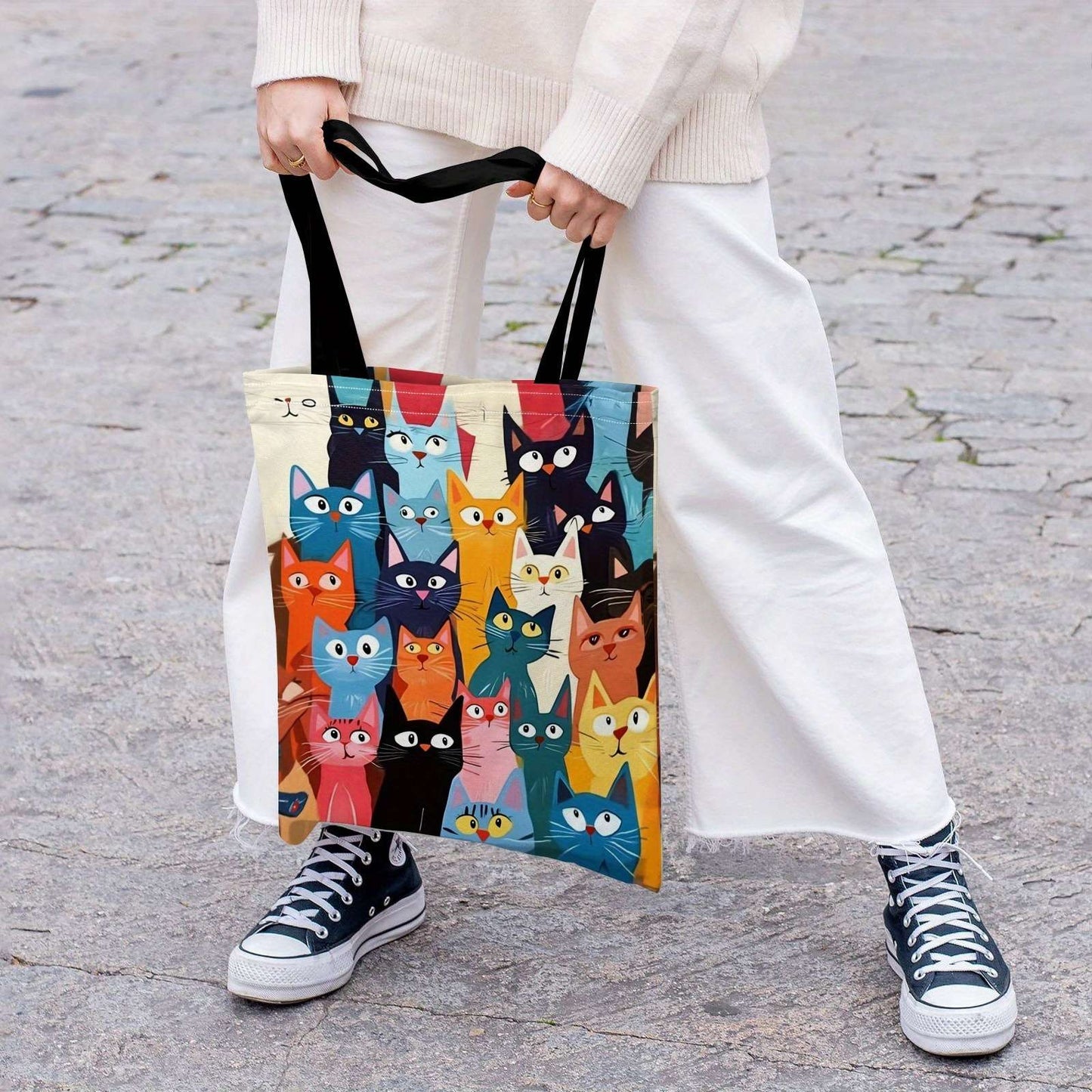 Bolsa Casual Estampada Gatinho Colorido, Mochila Reutilizável da Moda, Bolsa Multifuncional, Sacola de Compras Estampada 40x40cm