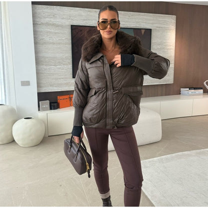 Vintage Women's Fur Coat Elegant Furs Collar Puffer Thicken Full Sleeve Jacket With Furs Female 2025 Autumn Winter Woman Coats