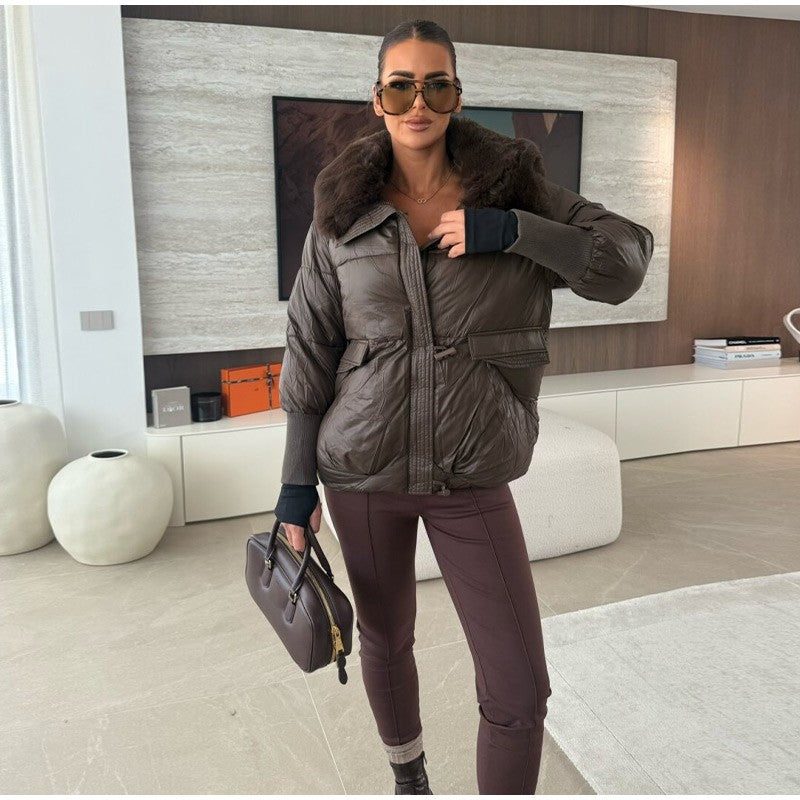 Vintage Women's Fur Coat Elegant Furs Collar Puffer Thicken Full Sleeve Jacket With Furs Female 2025 Autumn Winter Woman Coats