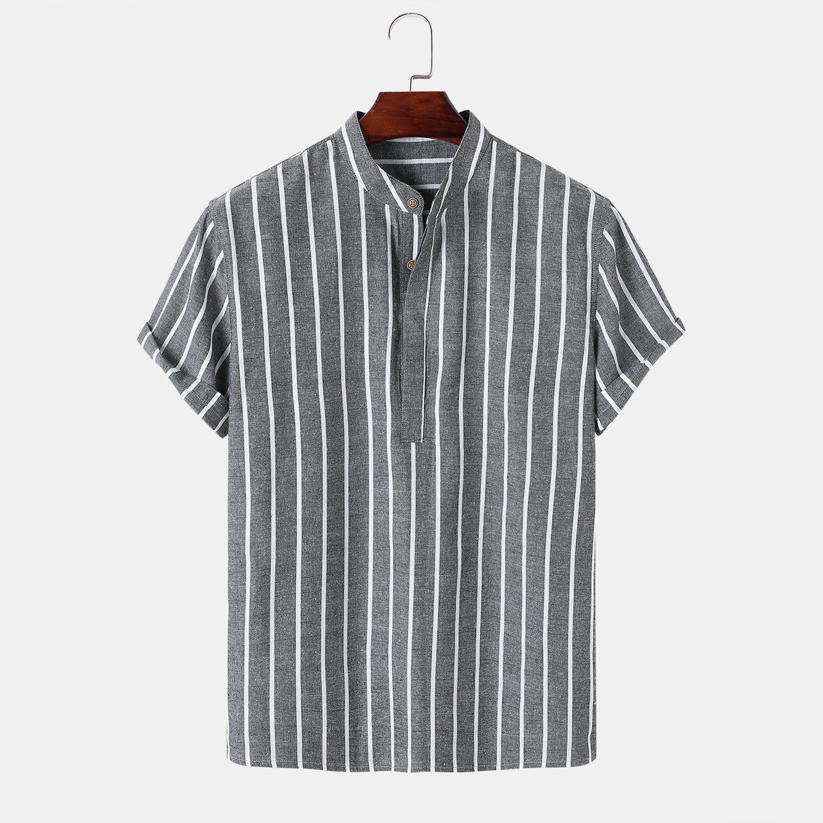 Men Fashion Striped Shirt Short Sleeve Casual Linen Shirts Tops Male Formal Social t-Shirts Stand-Up Collar Shirts Man Clothes