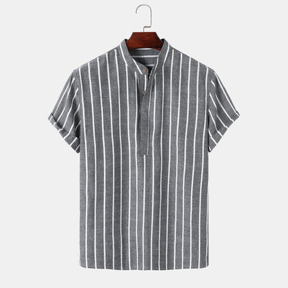 Men Fashion Striped Shirt Short Sleeve Casual Linen Shirts Tops Male Formal Social t-Shirts Stand-Up Collar Shirts Man Clothes