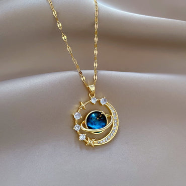Exquisite Planet Light Exquisite Temperament Gorgeous Necklace Versatile Stars and Moon Stainless Steel Collarbone Chain Jewelry