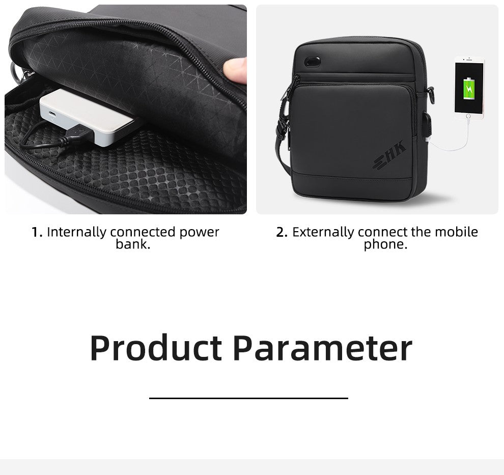HK Casual Men's Shoulder Bag Large Crossbody Bag USB Charging Travel Sports Chest Bags Waterproof Sling Pack With Headphone Jack