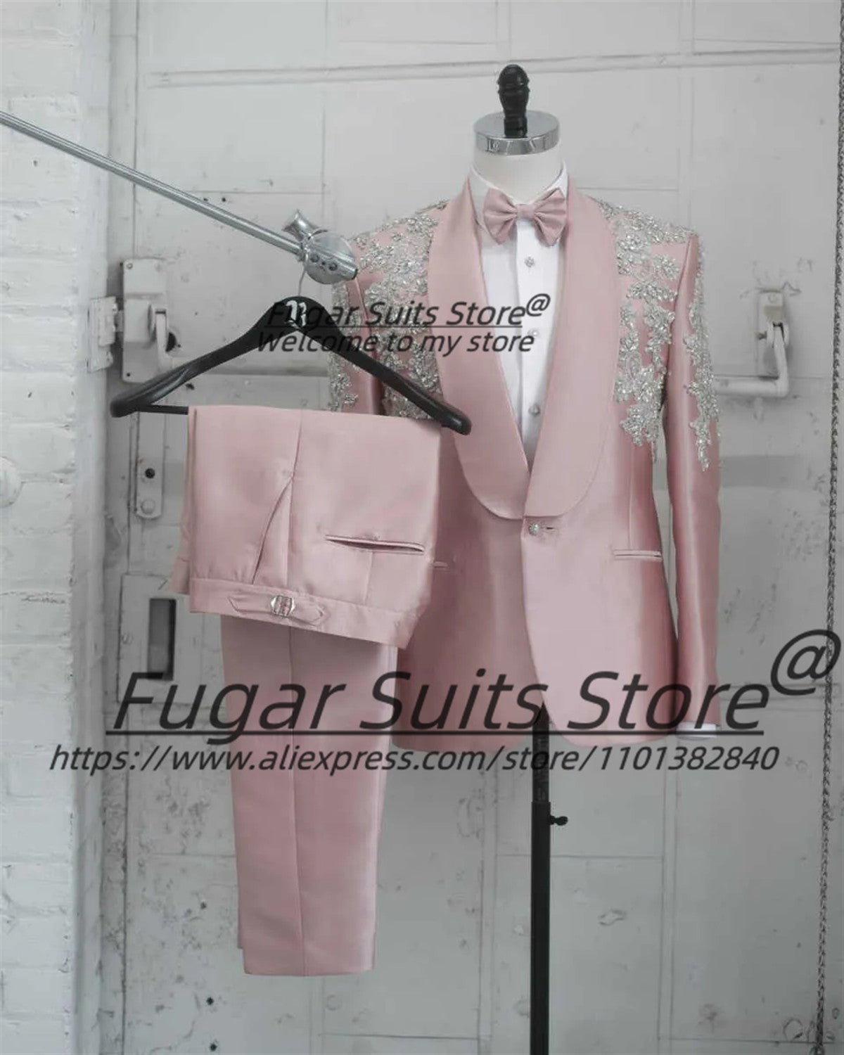 Fashion Pink Party Men Suits Customized  Gorgeous Shiny Rhinestone Groom Wedding Tuxedos 2Pcs Sets Male Prom Blazers Ropa Hombre