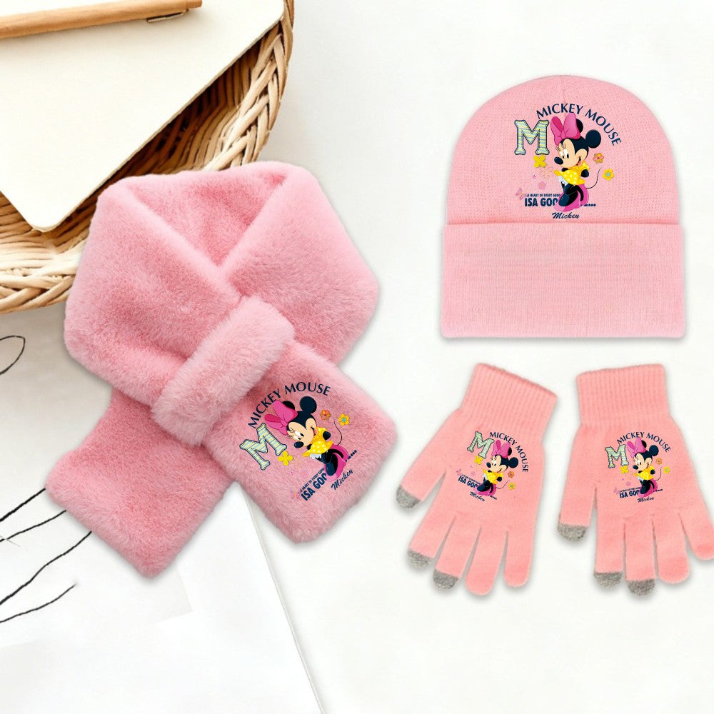 Disney Mickey Minnie 3 Peças Conjunto de Gorro Cachecol Luvas Quente e Macio para Meninas Crianças Moda Inverno Acessórios Casuais Presente de Aniversário Perfeito