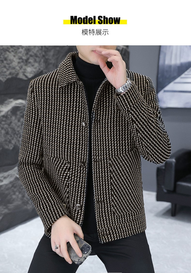 Korean Fashion Woolen Jacket for Men 2023 Winter Plaid Casual Business Trench Coat Slim Social Office Street Wear Short Overcoat