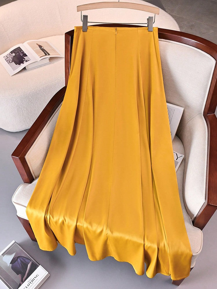 Elegant Satin A-line Long Skirts for Women High Quality Smooth Party Maxi Skirt with Pockets Y2K Lady Solid Women's Skirts
