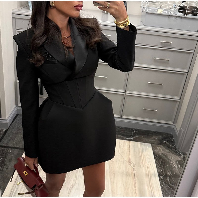 Fashion Solid Cinched-waist Mini Dress Women Elegant Lapel Full Sleeve V-neck A-line High Waist Dresses Lady Office Commute Gown