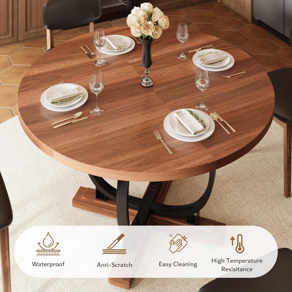 59'' Extendable Round Dining Table for 4 to 6, Kitchen Table with Sturdy X-Base Metal Legs, MDF Board with Backboard Clasp