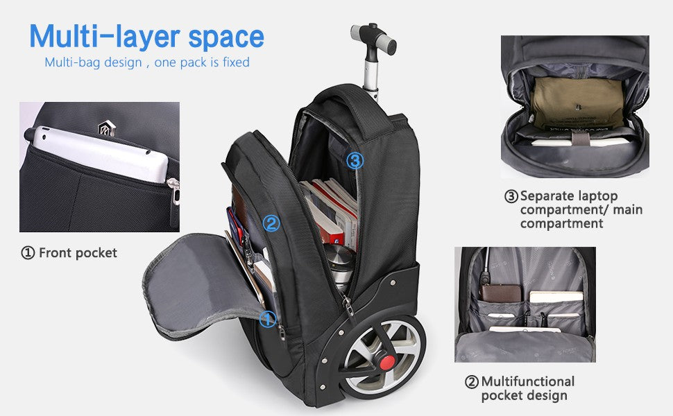 Mochila de Rodinhas de 20 polegadas com Rodas, Malas de Viagem, Bolsas de Carrinho de Grande Capacidade, Mochila Multiuso para Laptop de Mão