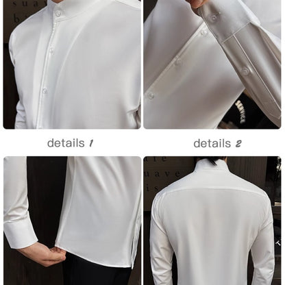 2025 Spring New Chinese Style High End Stand Up Collar Shirt Men's Long Sleeve Elastic Slimming Top Social Dress Shirt