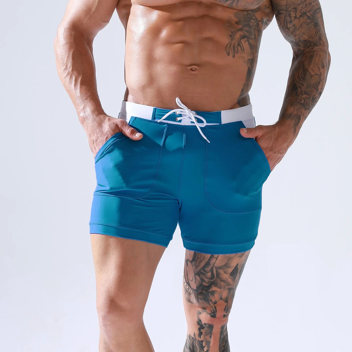 Men's Summer Swimwear Shorts Quick Dry Swimming Trunks Surf Board Solid Shorts Boxer Briefs Swimsuit Beach Sun Bathing Shorts