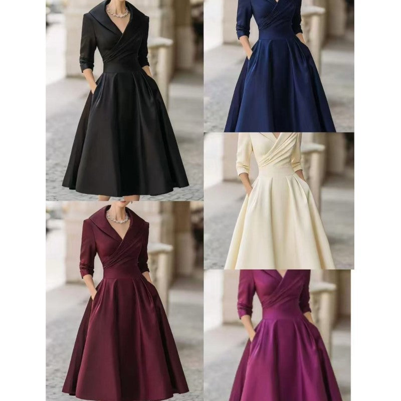 Elegant Wedding Guest Dress Women Turndown Collar Mid-Length Waisted A-Line Satin Evening Dress Cocktail Party Midi Dresses