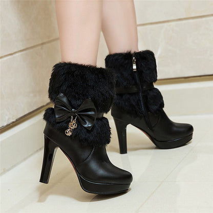 2025 New Fashion Womens Winter High Heel Boots Pink White Black Fur Tassel Bowtie Lovely Lolita Ladies Party Wedding Shoes