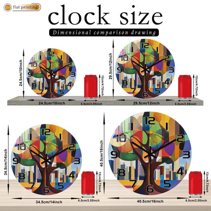 Geometric Abstract Tree Wall Clock, Colorful Cityscape Backdrop, Modern Art Urban Nature Fusion Home Decor
