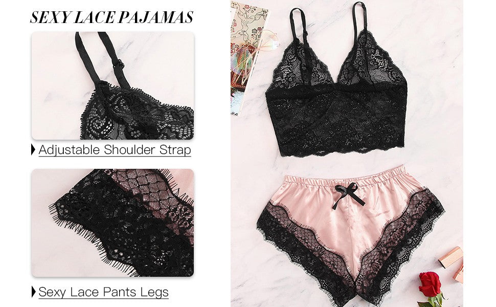 2 Piece Women's Sexy Lace Pajama Set See-Through Bralette Cami Top and Shorts Breathable Sleepwear Plus Size Summer Lingerie