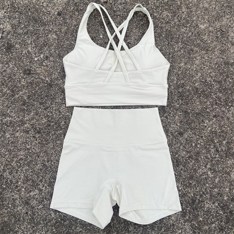 Yoga Shorts Set Gym Sports Set Women Workout Clothes 2 Piece Fitness Suit Cross Straps Bra High Waist Shorts Running Tracksuit