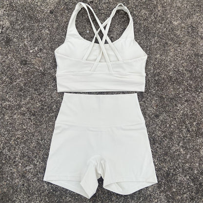 Yoga Shorts Set Gym Sports Set Women Workout Clothes 2 Piece Fitness Suit Cross Straps Bra High Waist Shorts Running Tracksuit