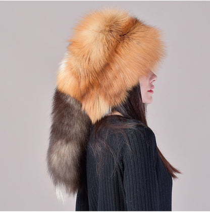 2025 Novo Estilo Chapéu Russo Ushanka de Pele de Raposa Natural Feminino Quente de Inverno Estilo Popular Fofo Boné Feminino com Cauda de Pele Real da Moda