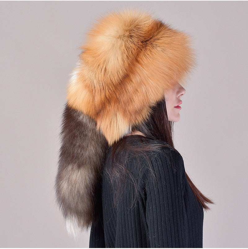 2025 Novo Estilo Chapéu Russo Ushanka de Pele de Raposa Natural Feminino Quente de Inverno Estilo Popular Fofo Boné Feminino com Cauda de Pele Real da Moda