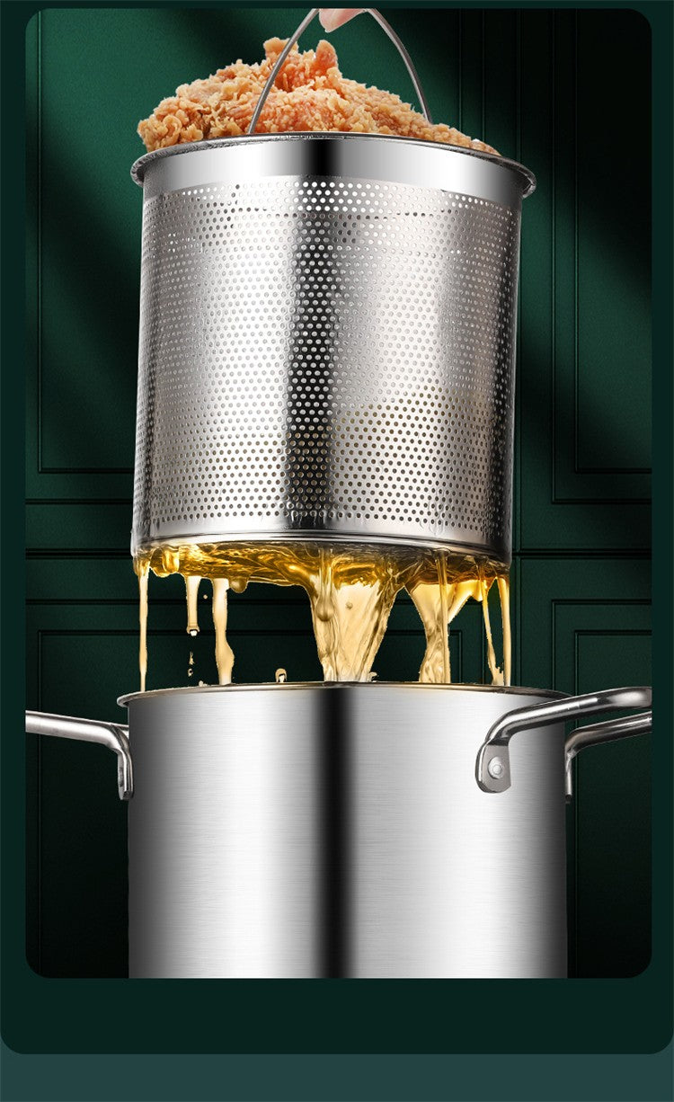 LMETJMA 3L Deep Fryer Pot Stainless Steel Frying Pot With Mesh Steamer Basket Japanese Tempura Fryer Pot with Lid and Tong JT230