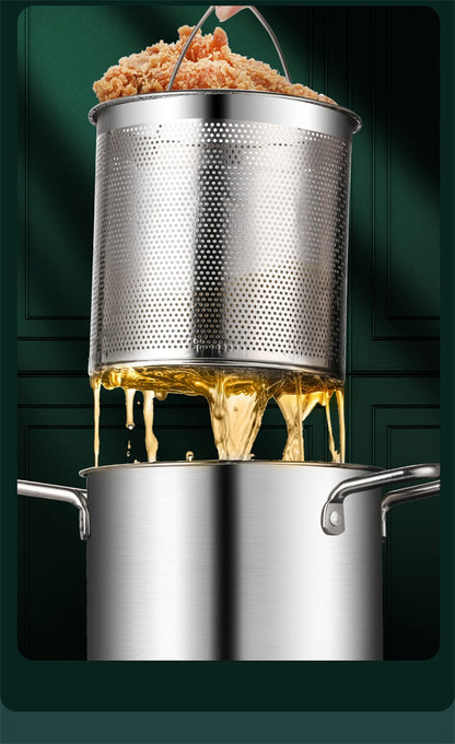 LMETJMA 3L Deep Fryer Pot Stainless Steel Frying Pot With Mesh Steamer Basket Japanese Tempura Fryer Pot with Lid and Tong JT230