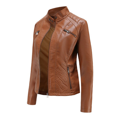 2025 Autumn Women's Black Moto Biker Zipper Jacket, Red Apricot Coffee PU Coat, Light Purple Outerwear.