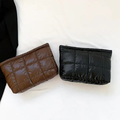 Cotton Filled Puffer Pouch Large Capacity PU Leather Puffer Padded Makeup Bag Sewn Korean Style Thick Plaid Clutch Bag Work