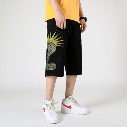 ABOORUN Mens Plus Size Loose Baggy Denim Shorts Fashion Streetwear Hip Hop Skateboard Cargo Jeans Short for Male R1402