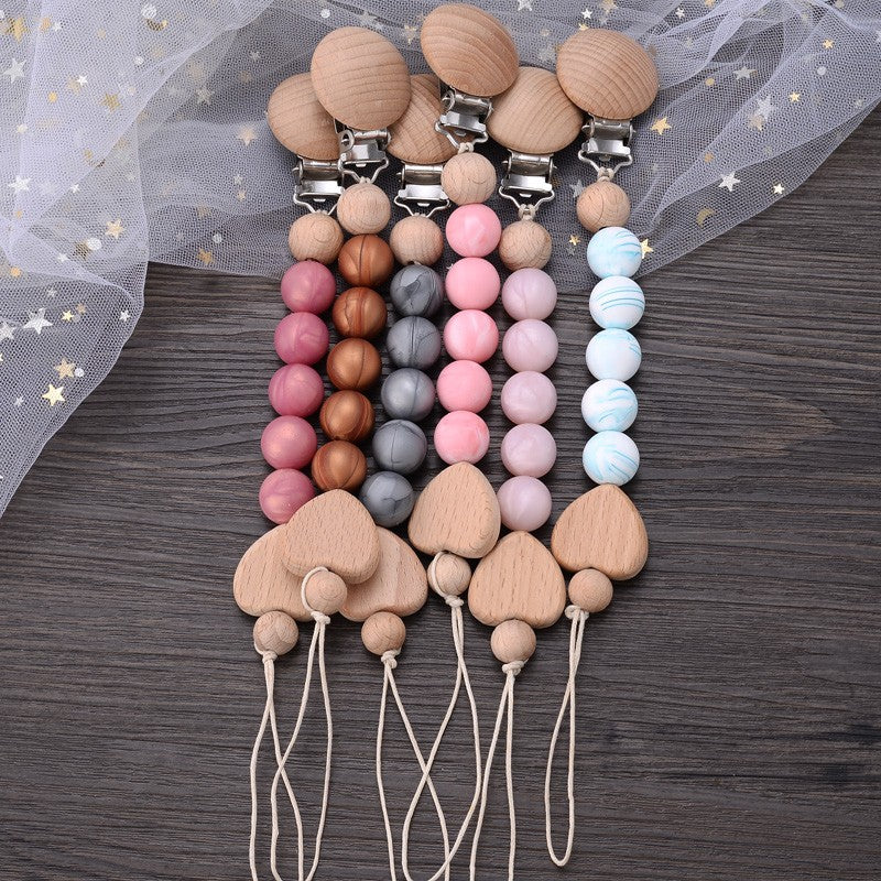Baby Beech Pacifier Clips Heart Wood Silicone Pacifier Chain Baby Pacifier Clip Pendant Dummy Nipple Holder Anti-drop Accessory